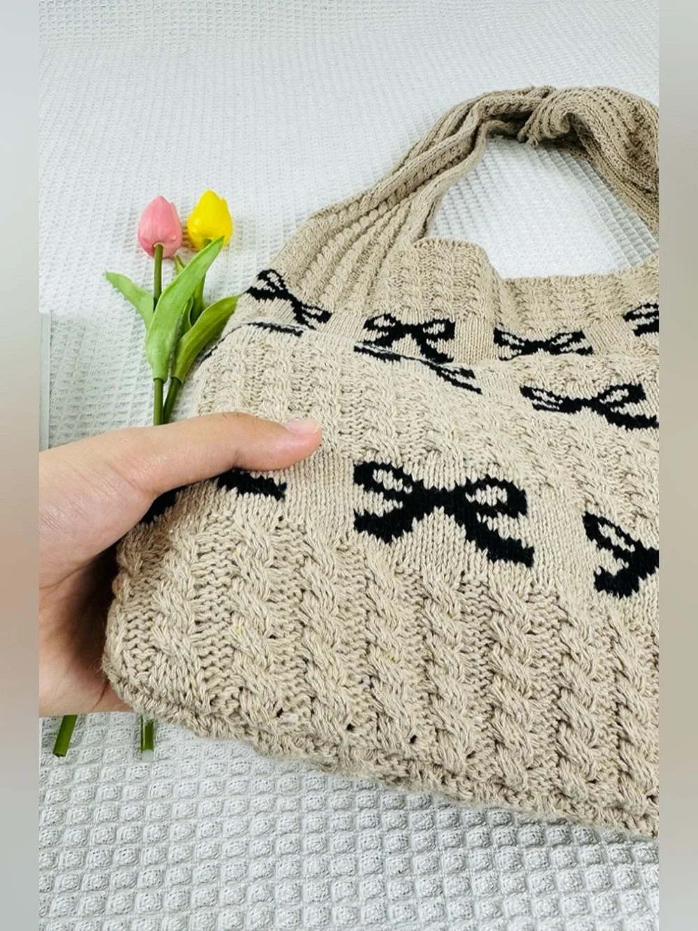 NEW Zenana Tan Knit Bow Tote Bag Cottagecore Coquette Shoulder Bag Neutral
